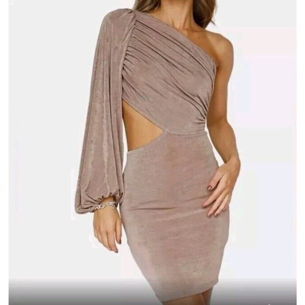 Simplee Apparel Velvet Bodycon Mini Dress Sz S Light Brown One Shoulder